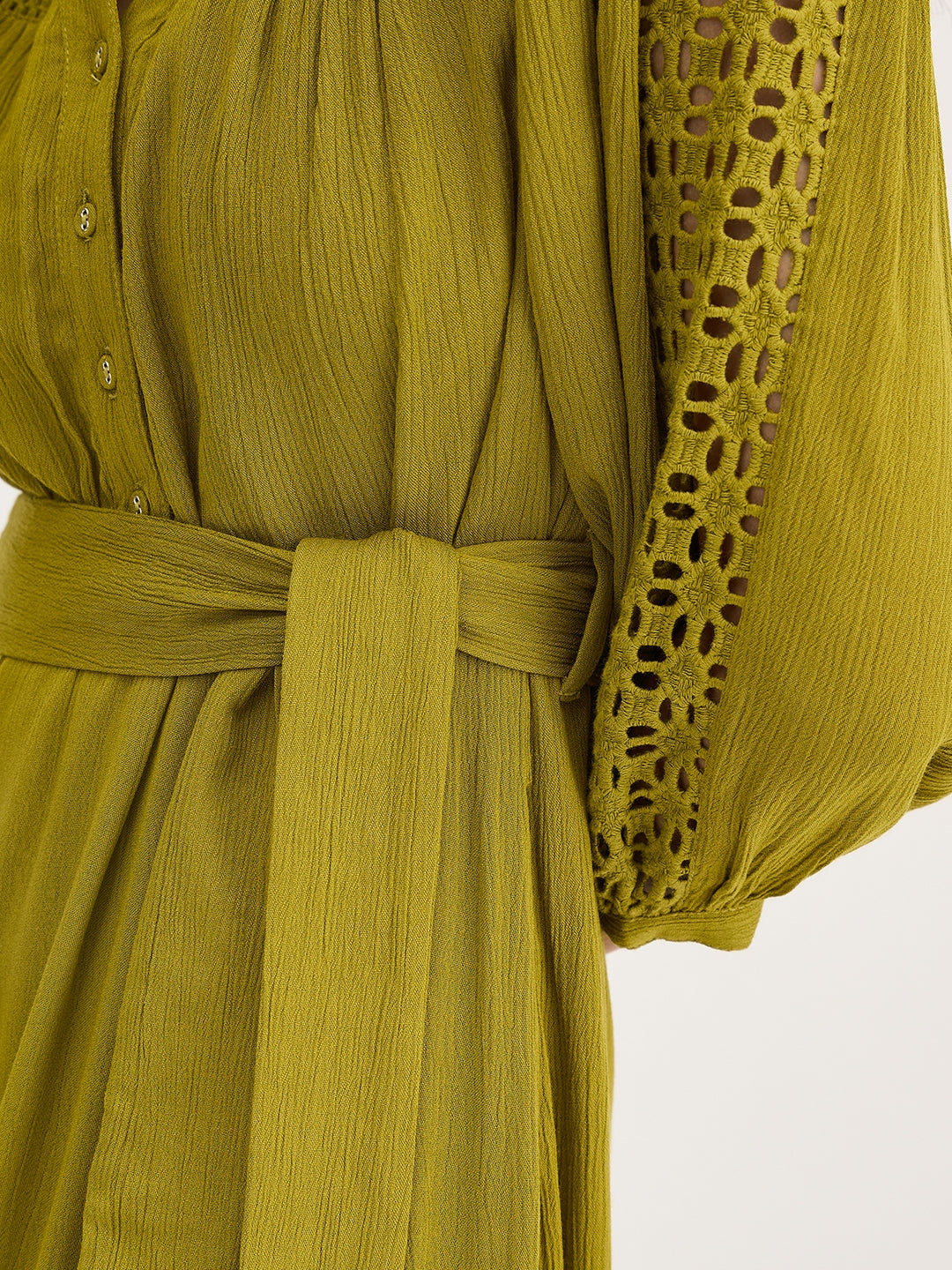 Citrine Green Schiffli Tiered Maxi Dress