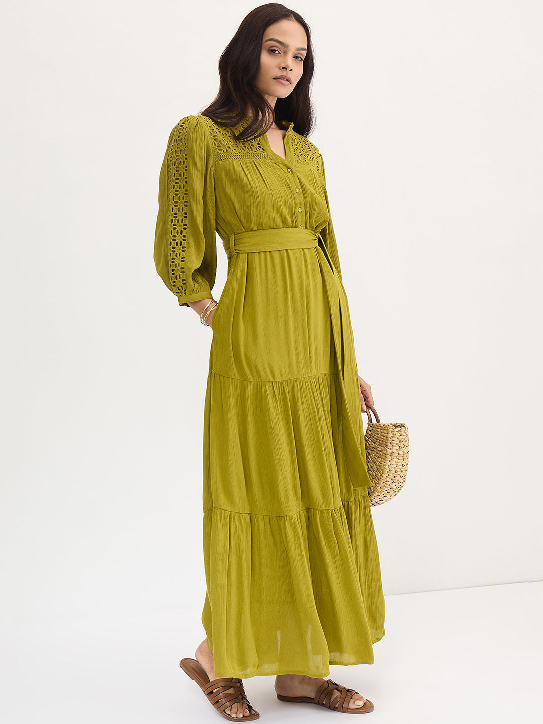 Citrine Green Schiffli Tiered Maxi Dress