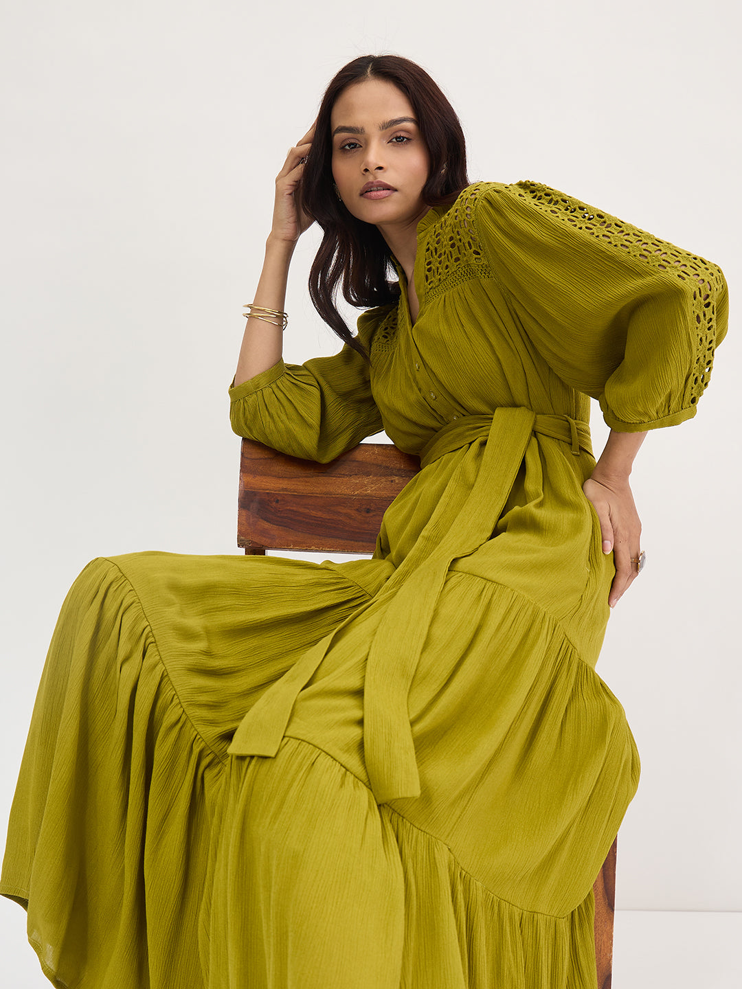Citrine Green Schiffli Tiered Maxi Dress