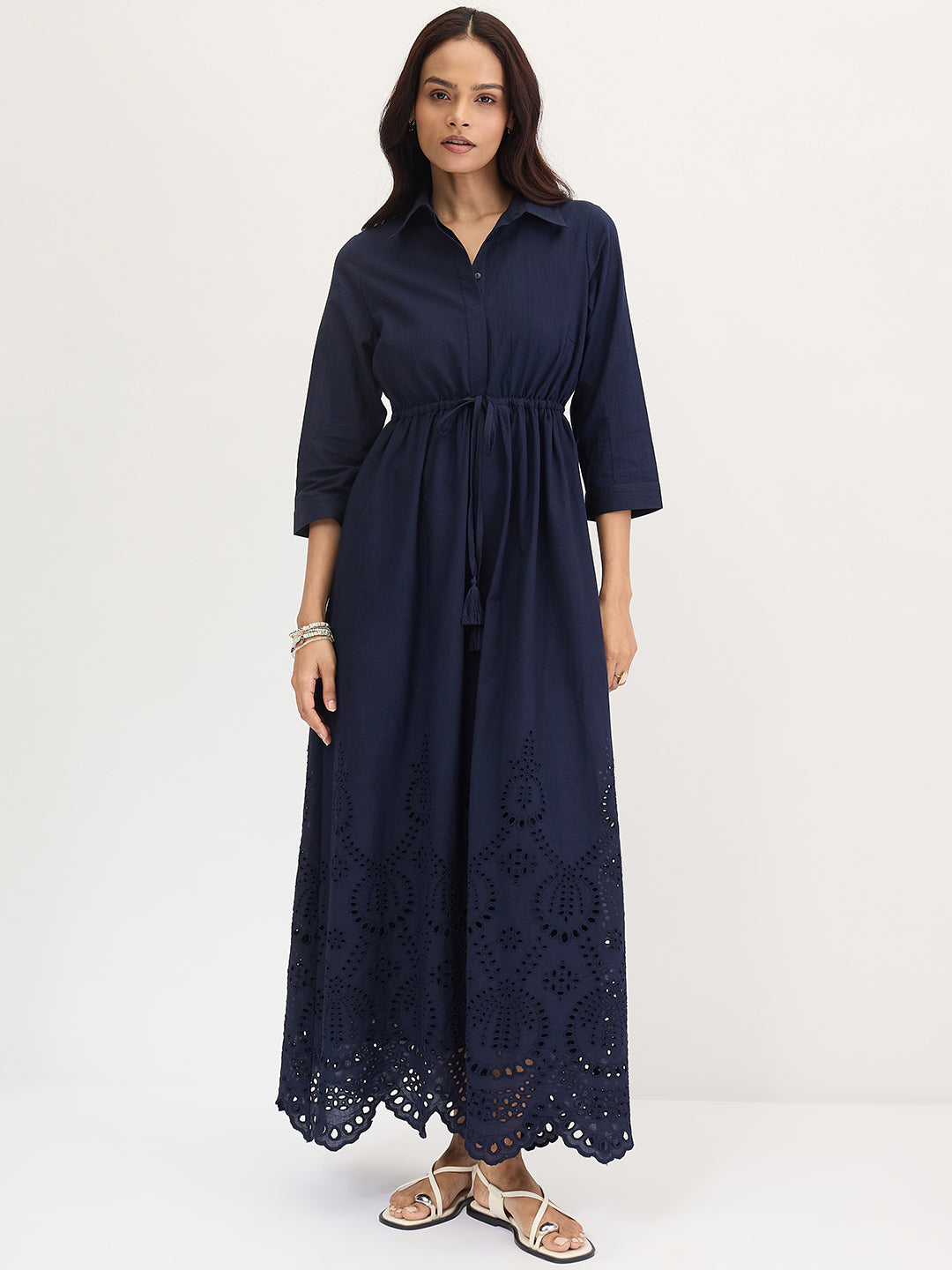 Navy Schiffli Shirt Maxi Dress