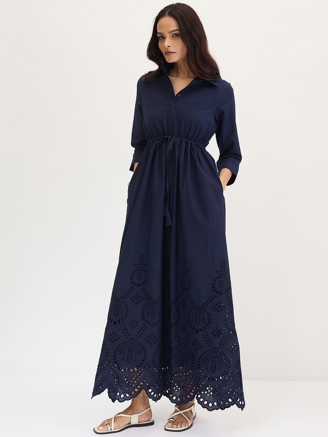 Navy Schiffli Shirt Maxi Dress