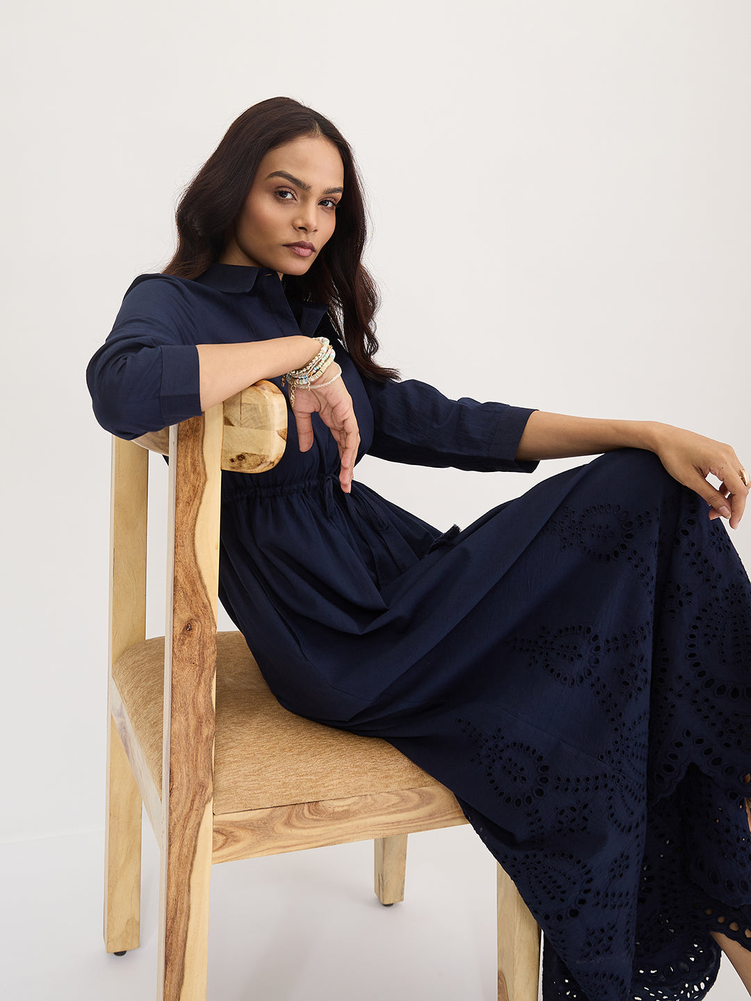 Navy Schiffli Shirt Maxi Dress