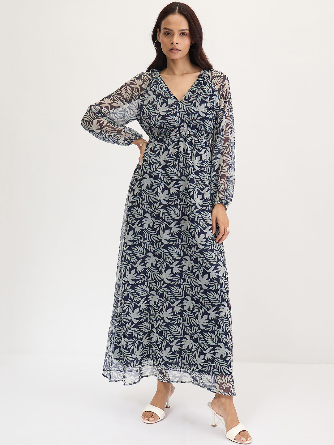 Navy And White Leaf Print Maxi Dress