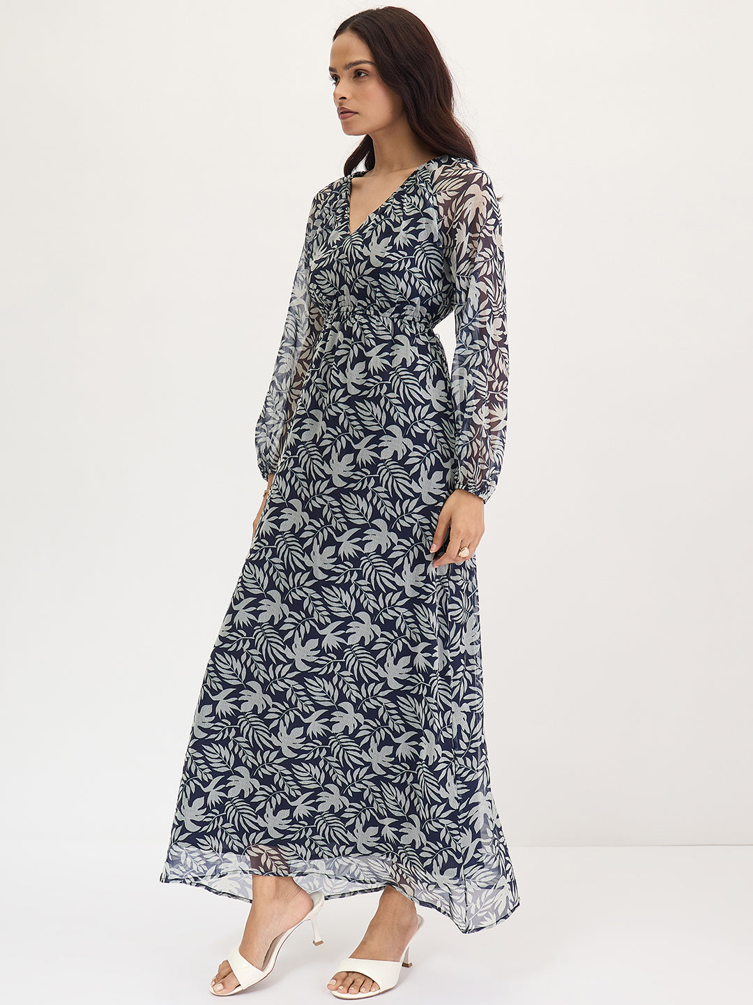 Navy And White Leaf Print Maxi Dress