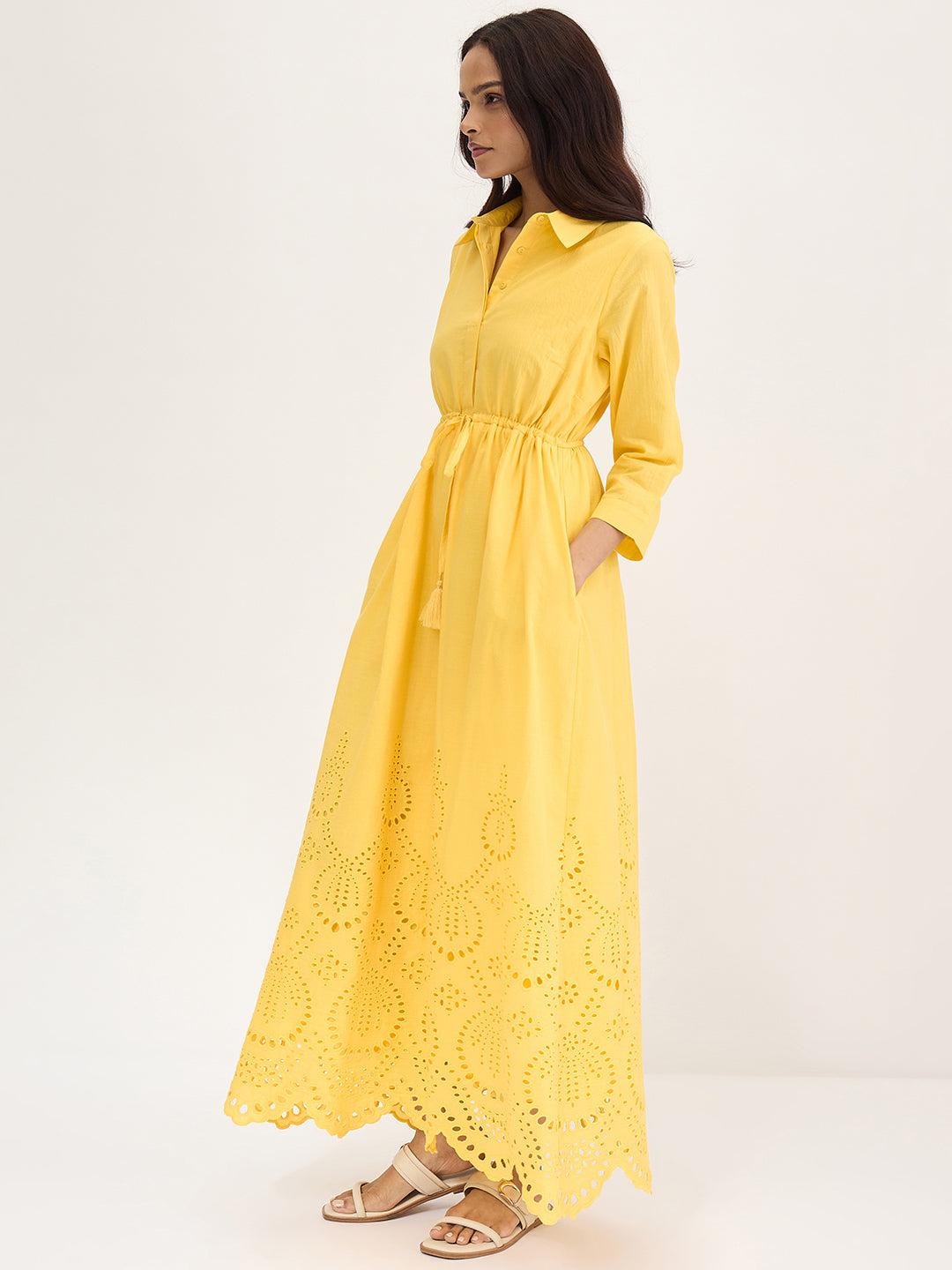 Yellow Schiffli Shirt Maxi Dress
