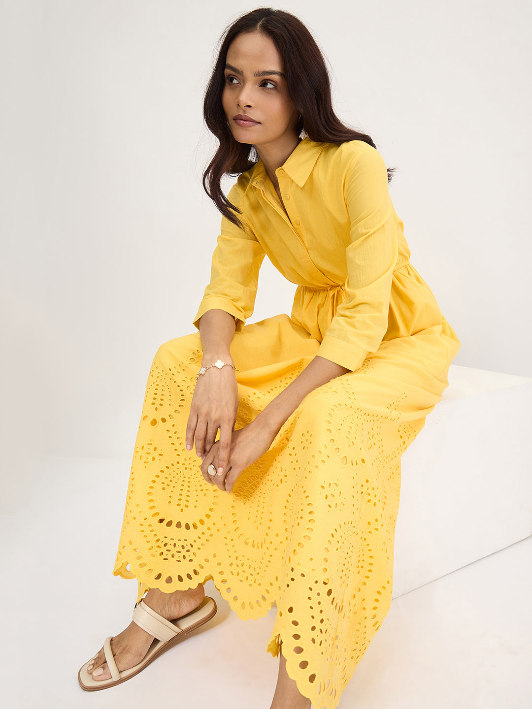 Yellow Schiffli Shirt Maxi Dress