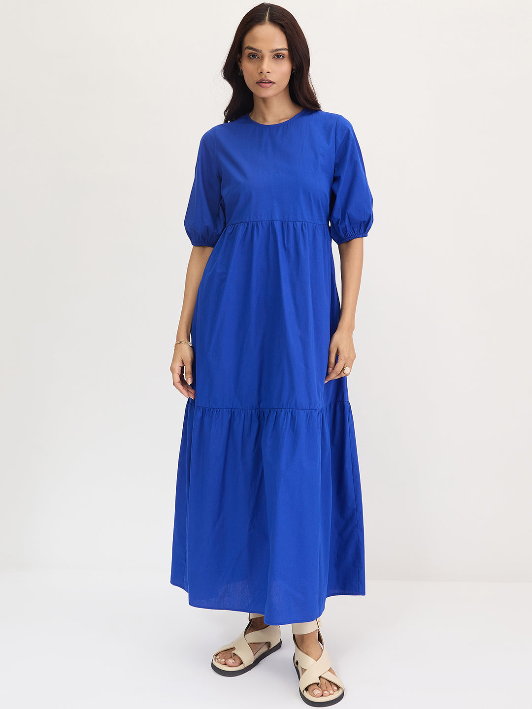 Royal Blue Poplin Tiered Maxi Dress