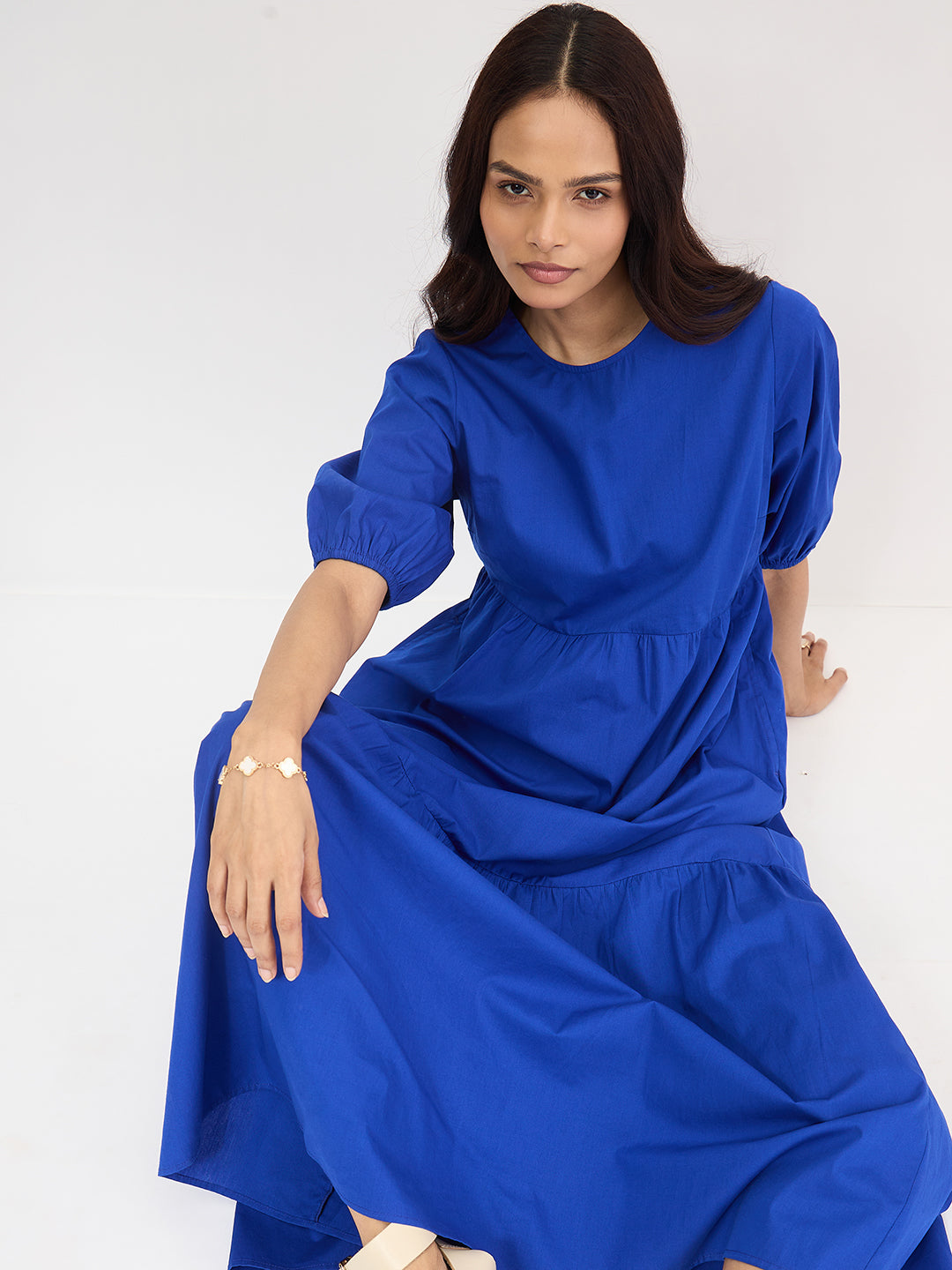 Royal Blue Poplin Tiered Maxi Dress