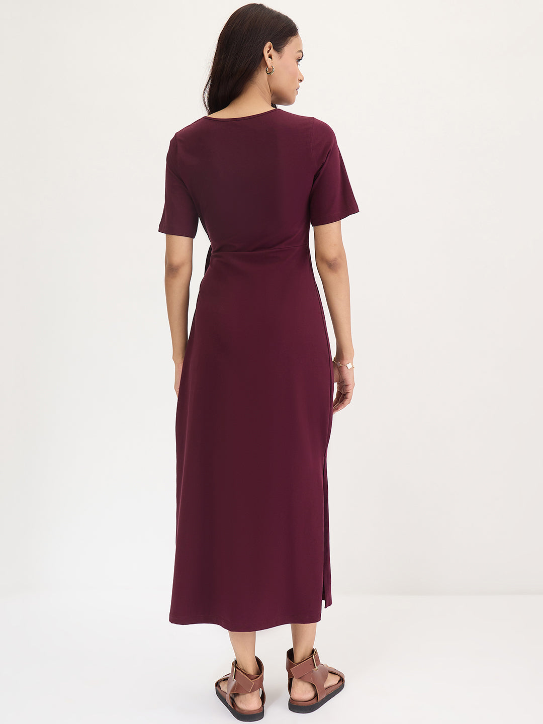 Wine Cotton Knit Tie-Up Maxi Dress