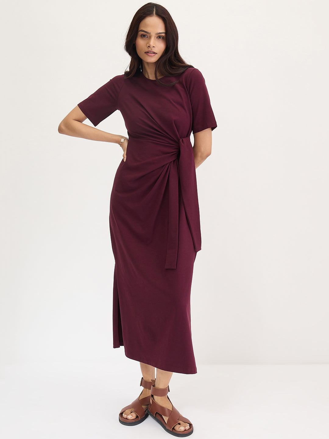 Wine Cotton Knit Tie-Up Maxi Dress