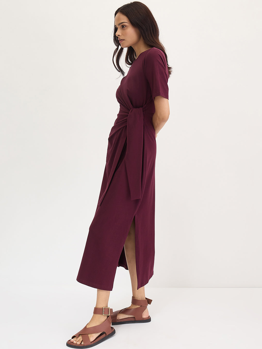 Wine Cotton Knit Tie-Up Maxi Dress