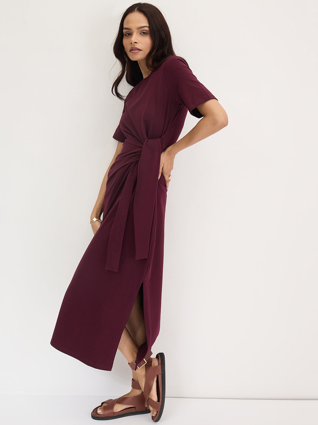 Wine Cotton Knit Tie-Up Maxi Dress