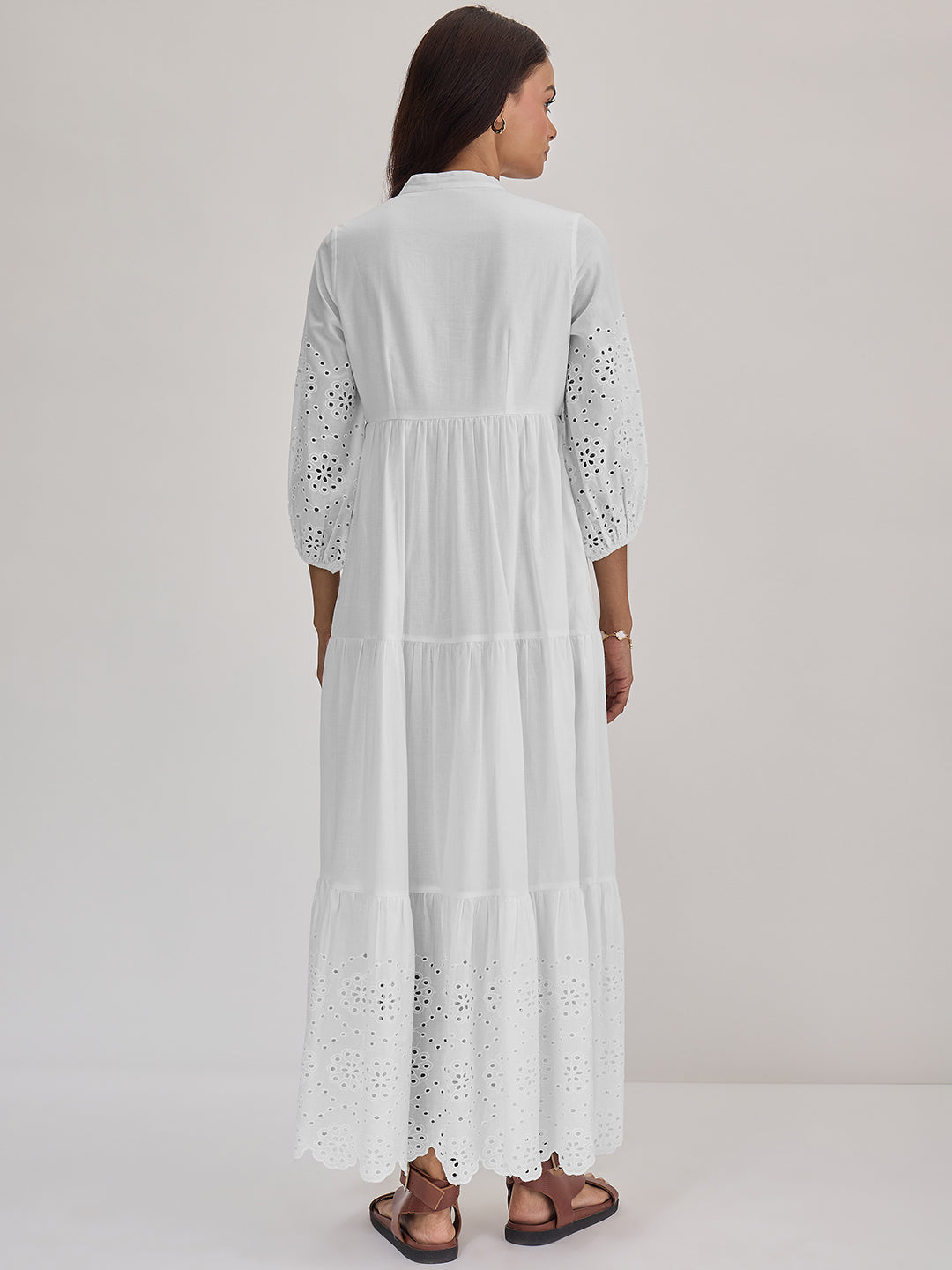 White Cotton Schiffli Tiered Maxi Dress