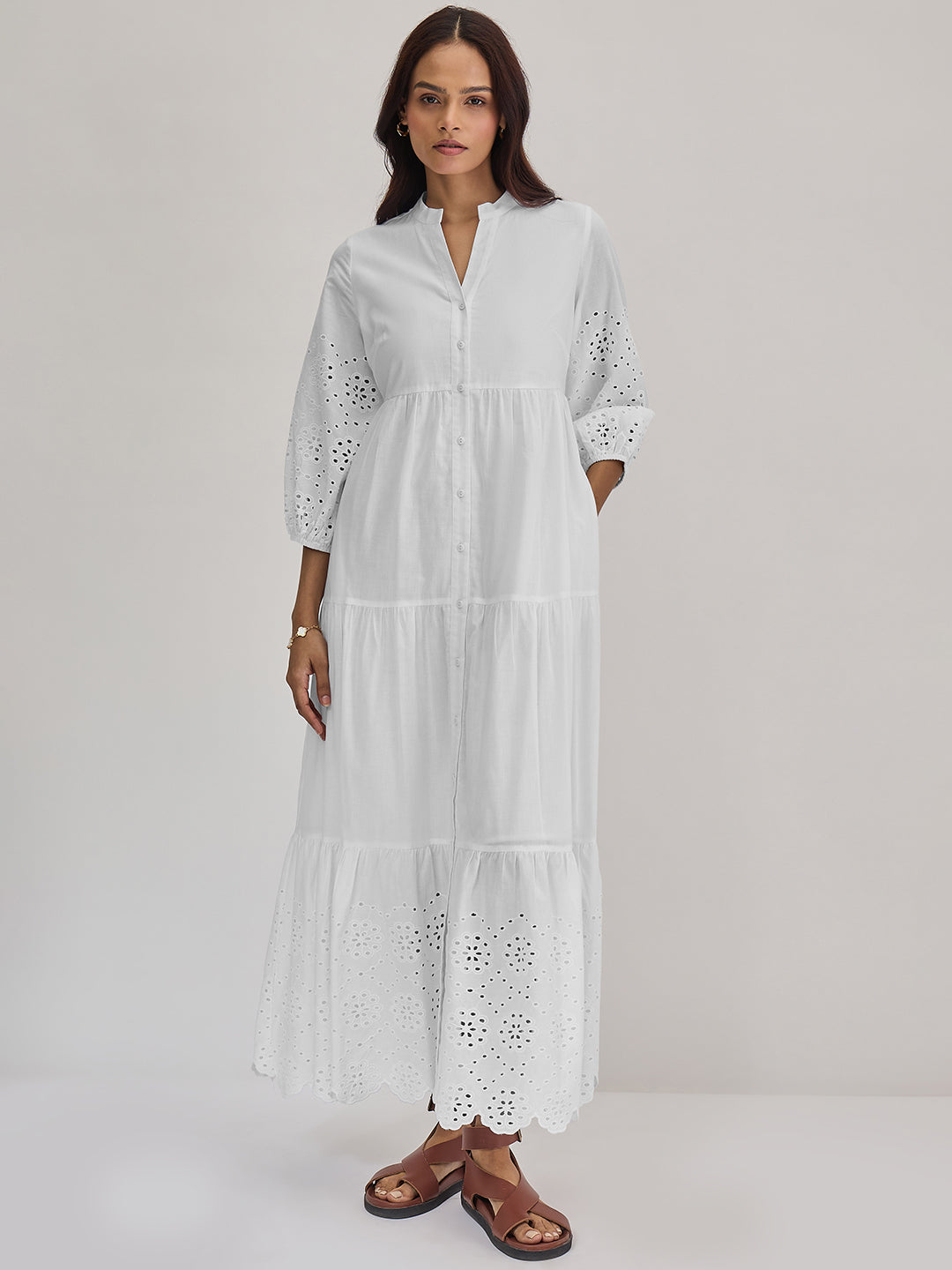 White Cotton Schiffli Tiered Maxi Dress