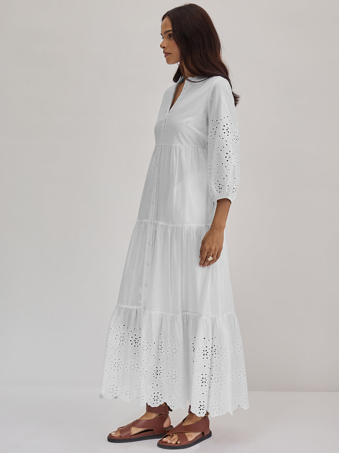 White Cotton Schiffli Tiered Maxi Dress