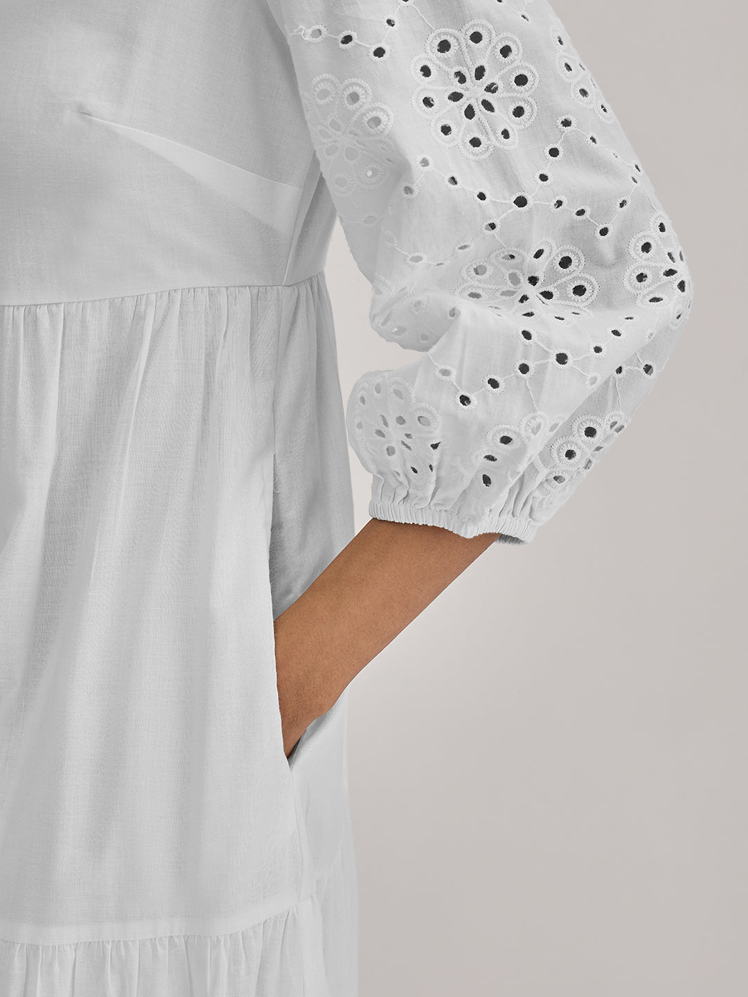 White Cotton Schiffli Tiered Maxi Dress