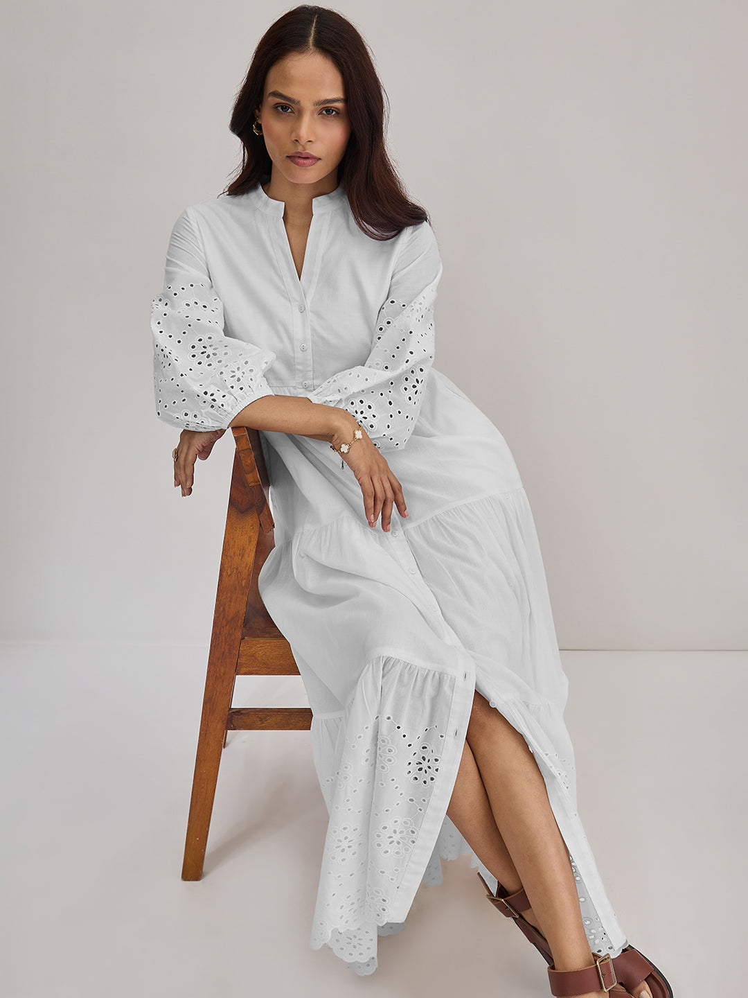 White Cotton Schiffli Tiered Maxi Dress