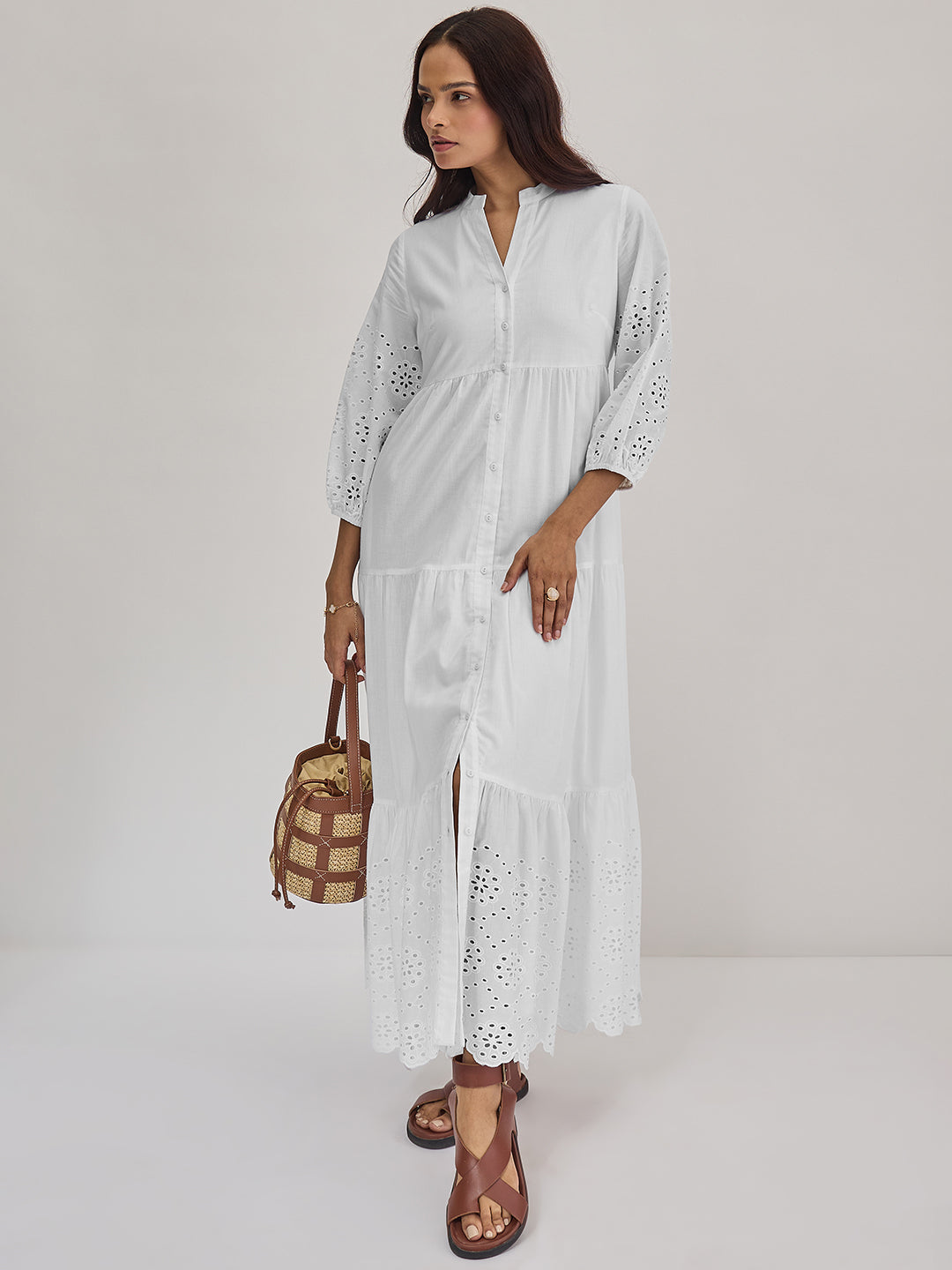 White Cotton Schiffli Tiered Maxi Dress