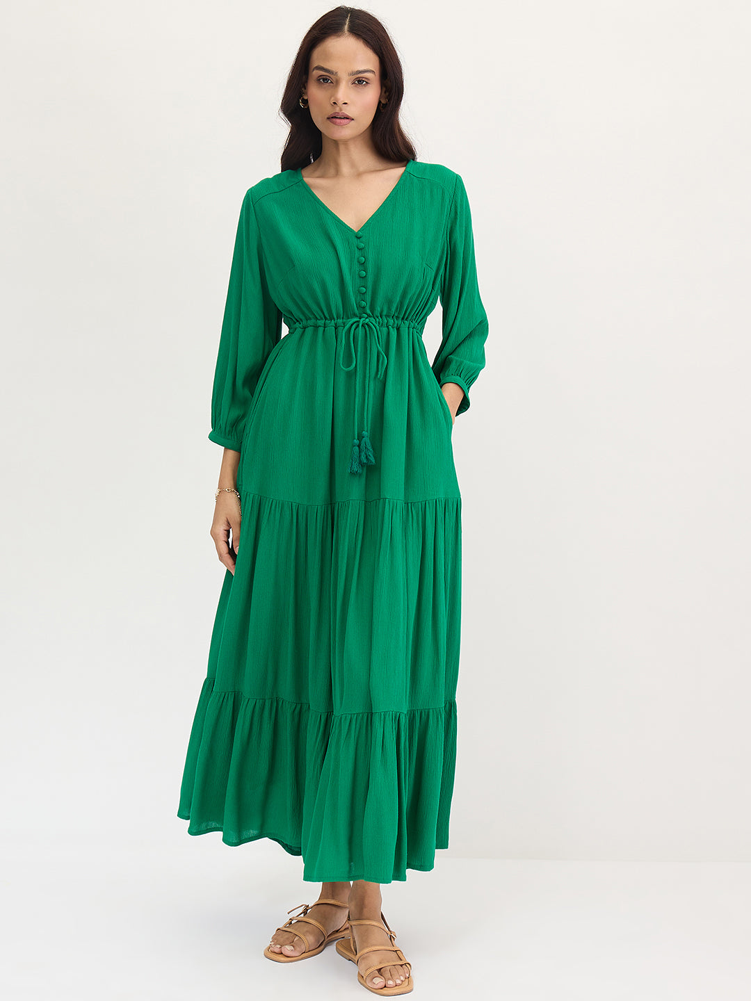 Bright Green Crinkled Tiered Maxi Dress