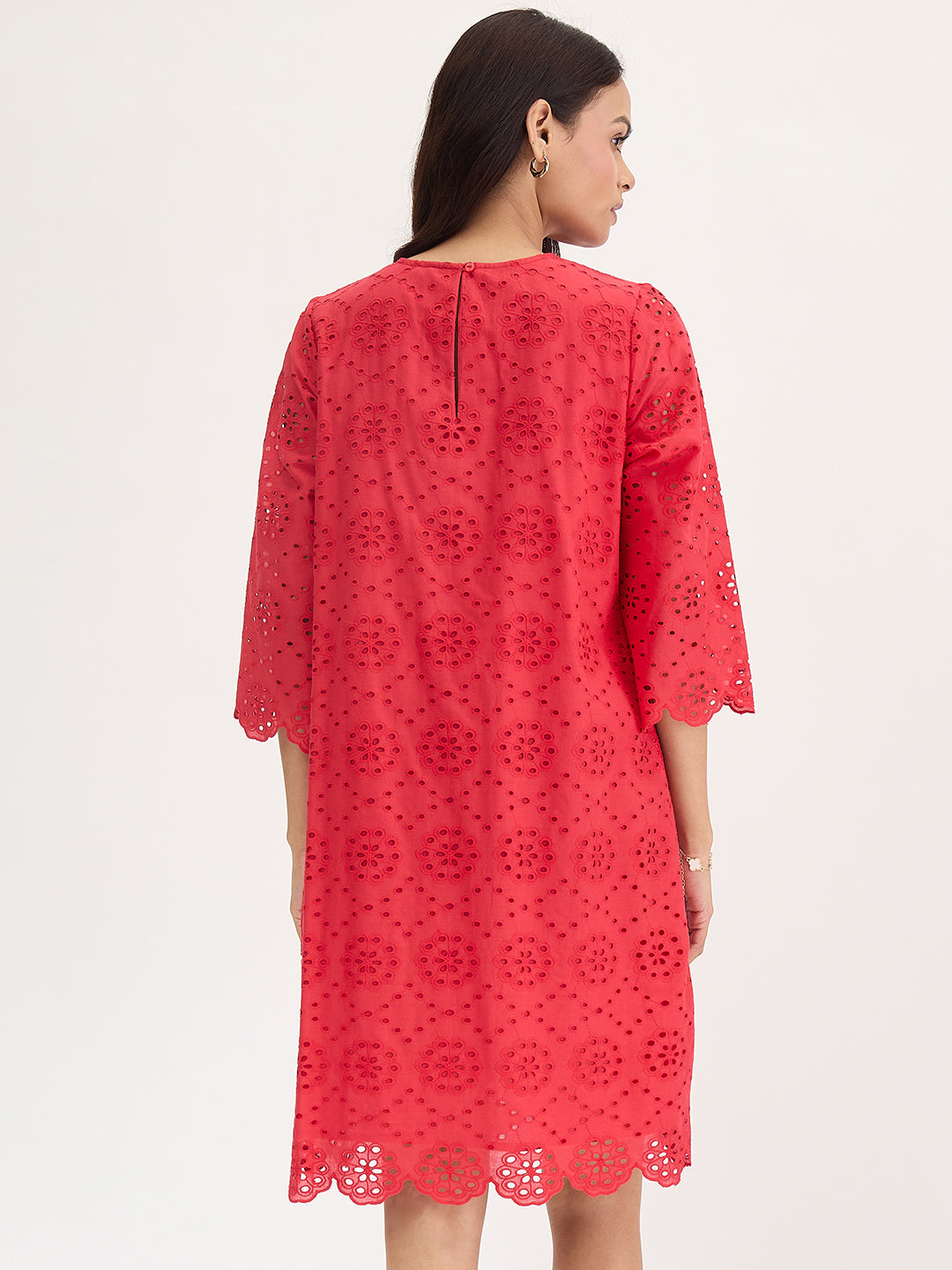 Red Cotton Schiffli Knee Length Dress