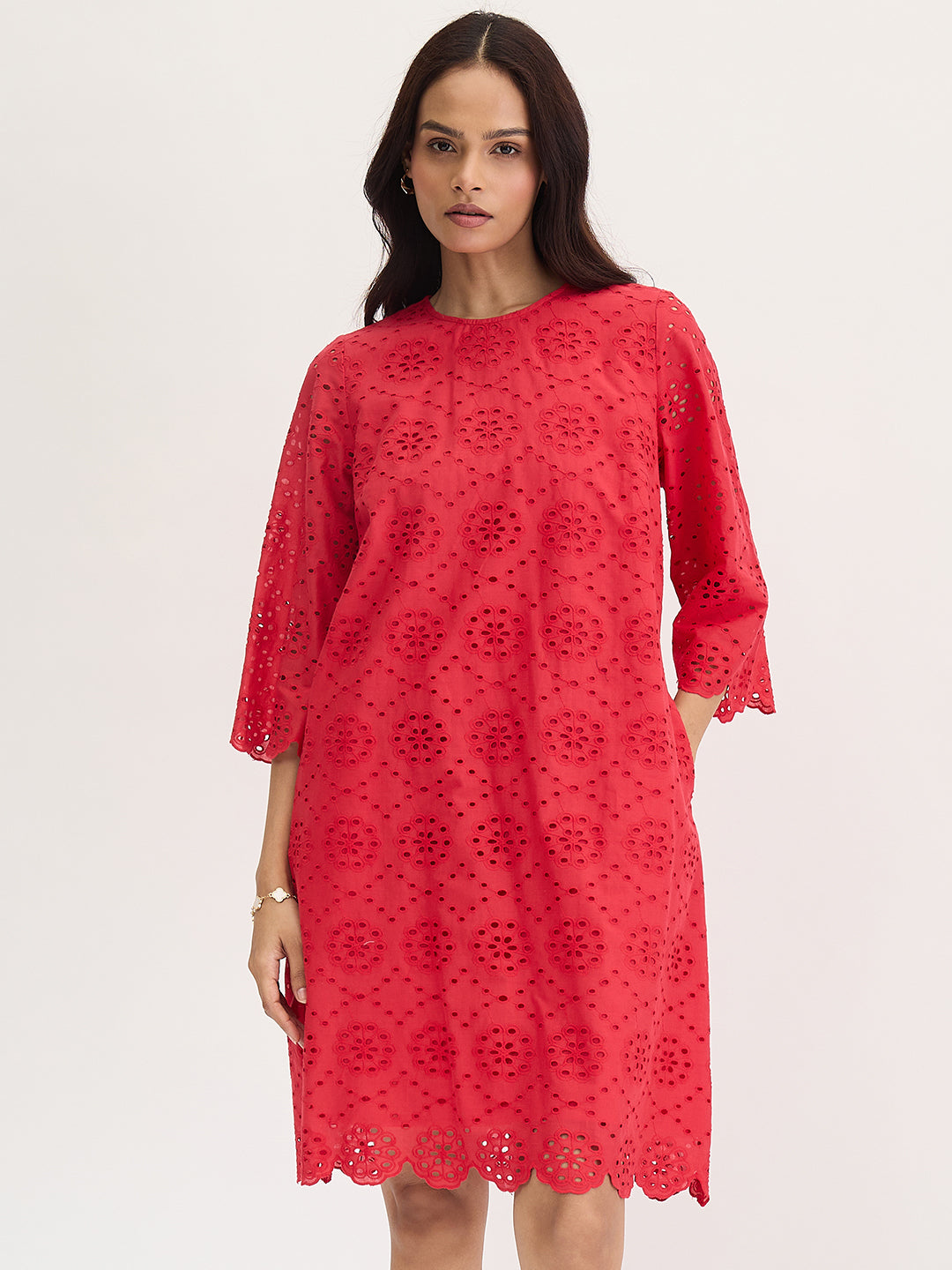 Red Cotton Schiffli Knee Length Dress