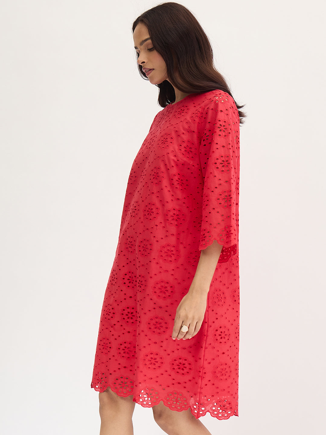 Red Cotton Schiffli Knee Length Dress