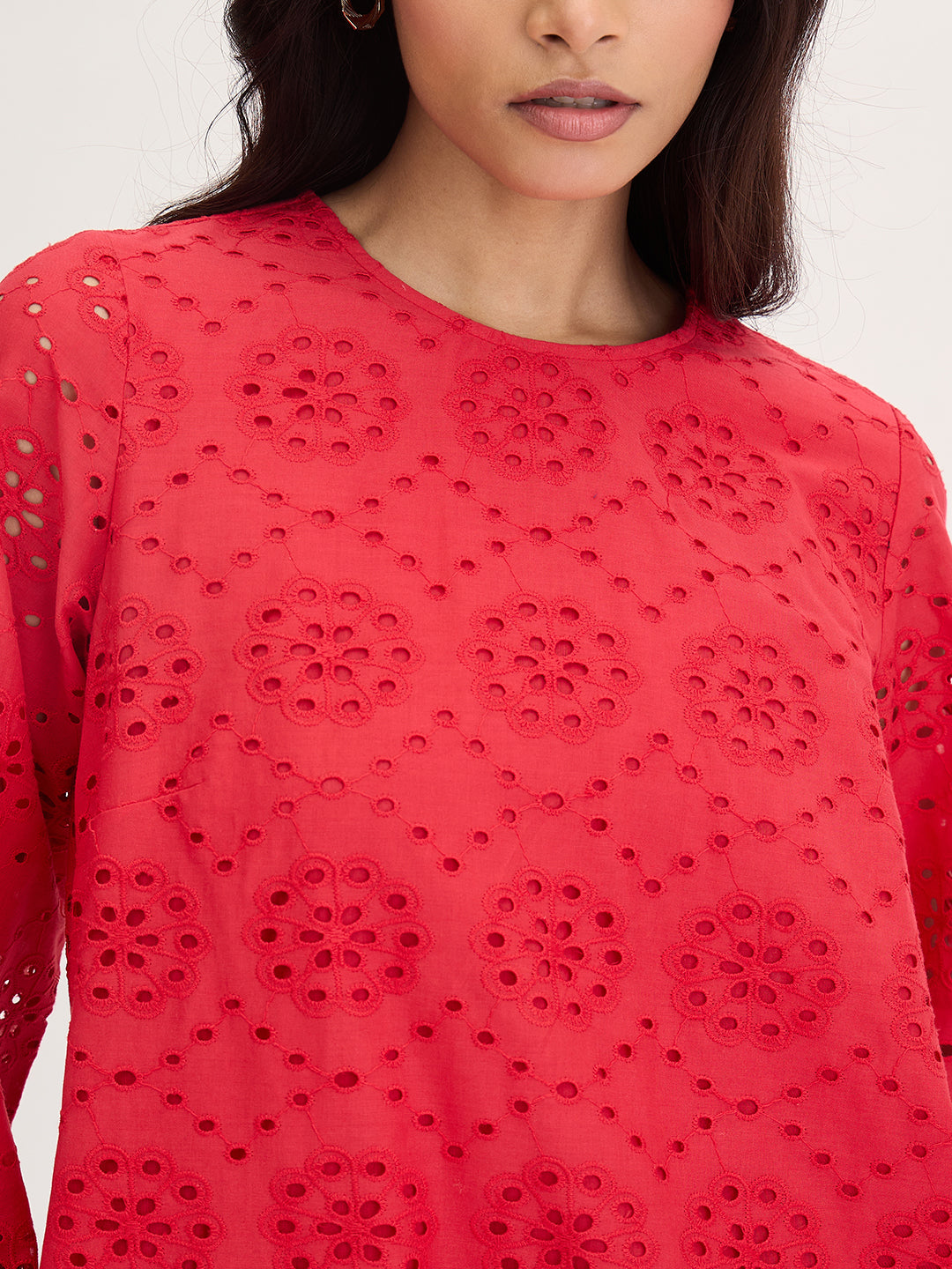 Red Cotton Schiffli Knee Length Dress
