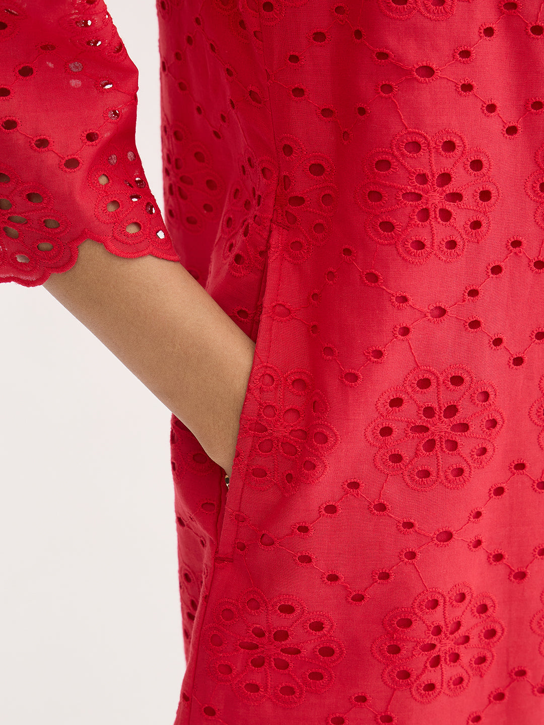 Red Cotton Schiffli Knee Length Dress