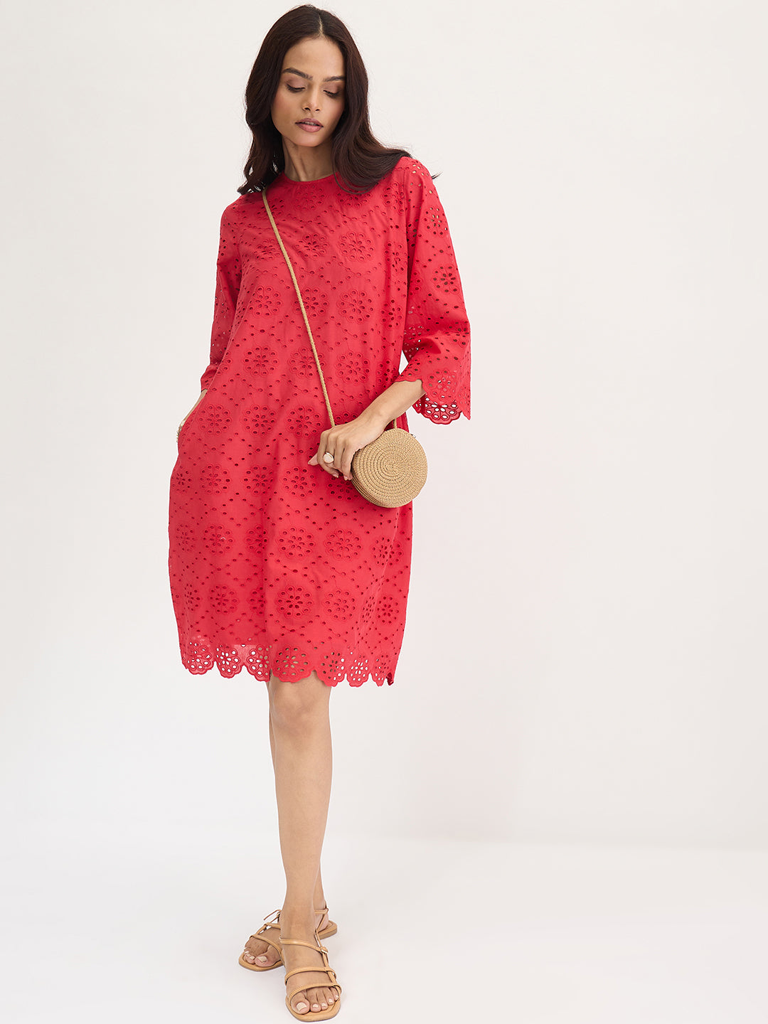 Red Cotton Schiffli Knee Length Dress