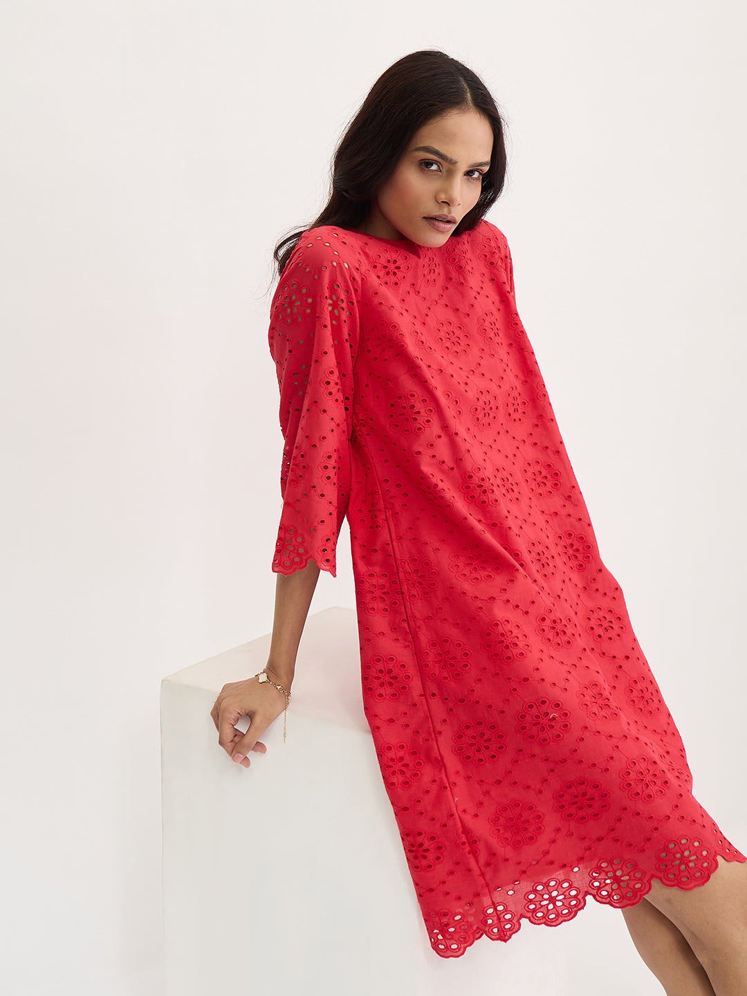 Red Cotton Schiffli Knee Length Dress