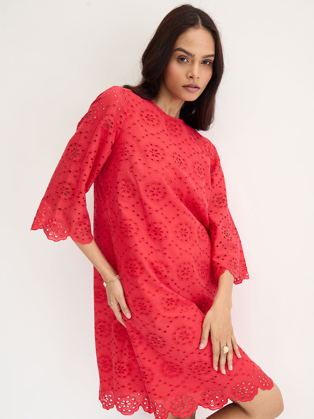 Red Cotton Schiffli Knee Length Dress