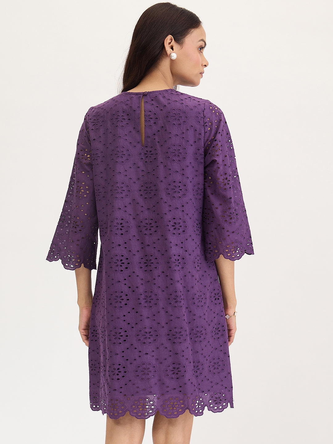 Deep Purple Cotton Schiffli Knee Length Dress