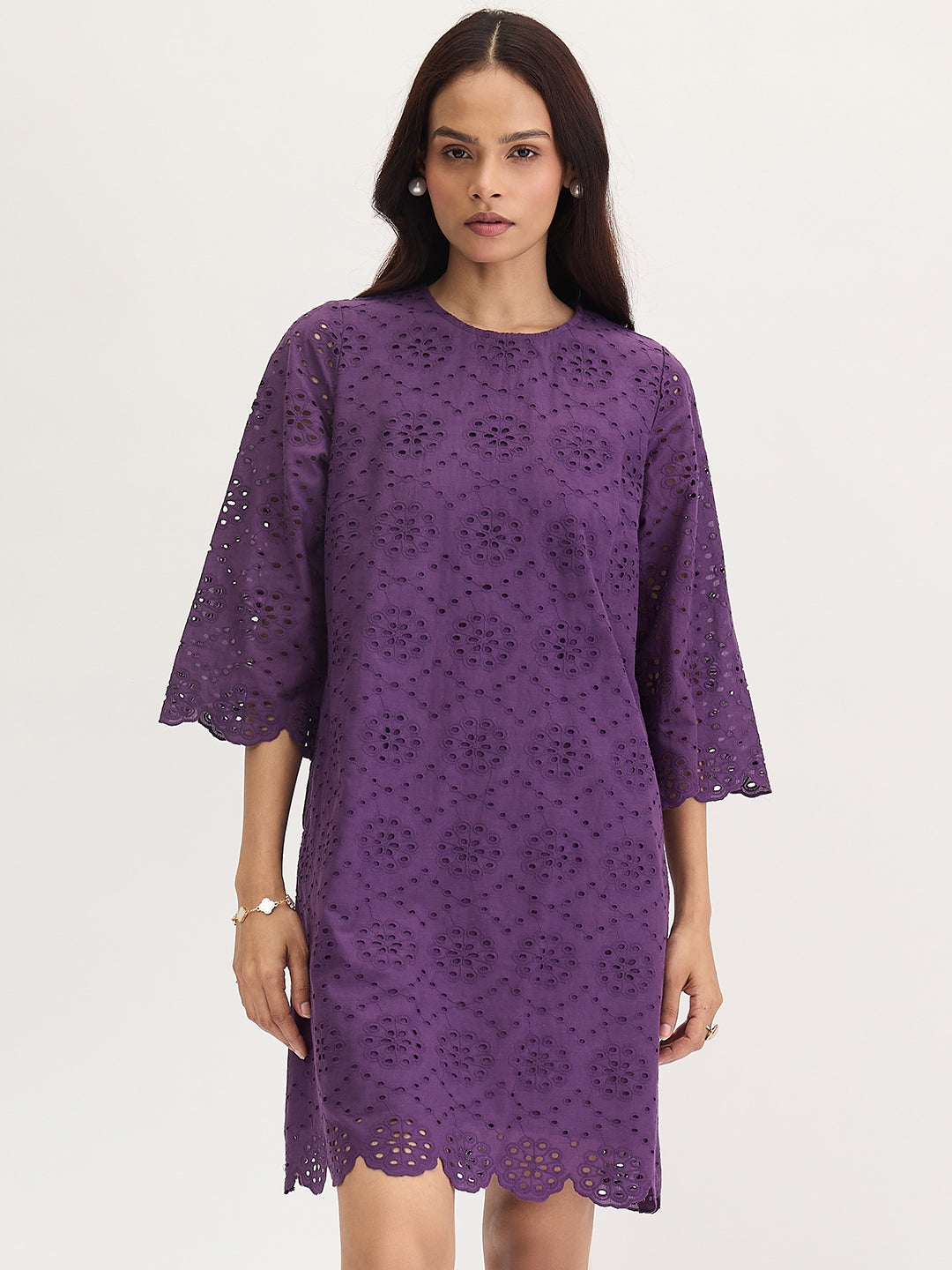 Deep Purple Cotton Schiffli Knee Length Dress