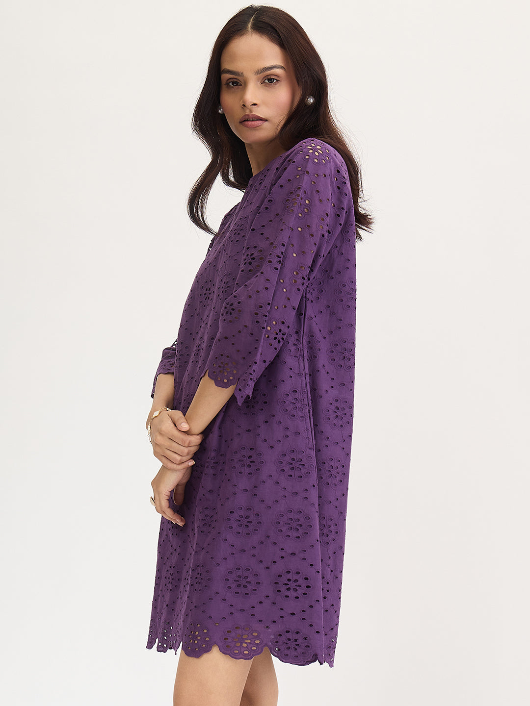 Deep Purple Cotton Schiffli Knee Length Dress
