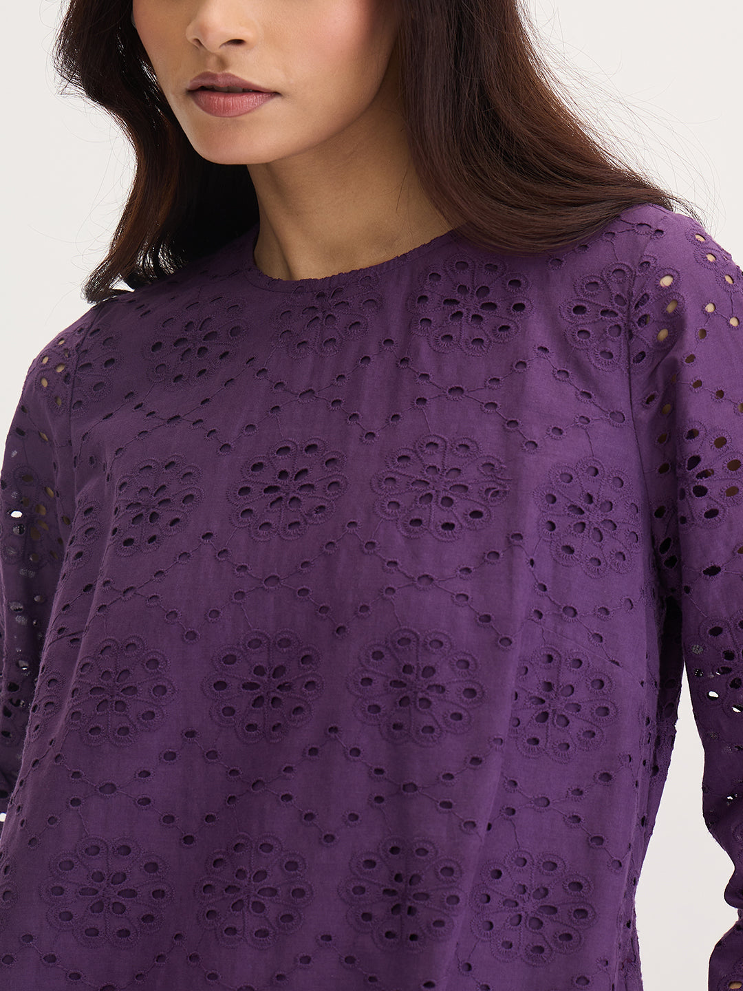Deep Purple Cotton Schiffli Knee Length Dress