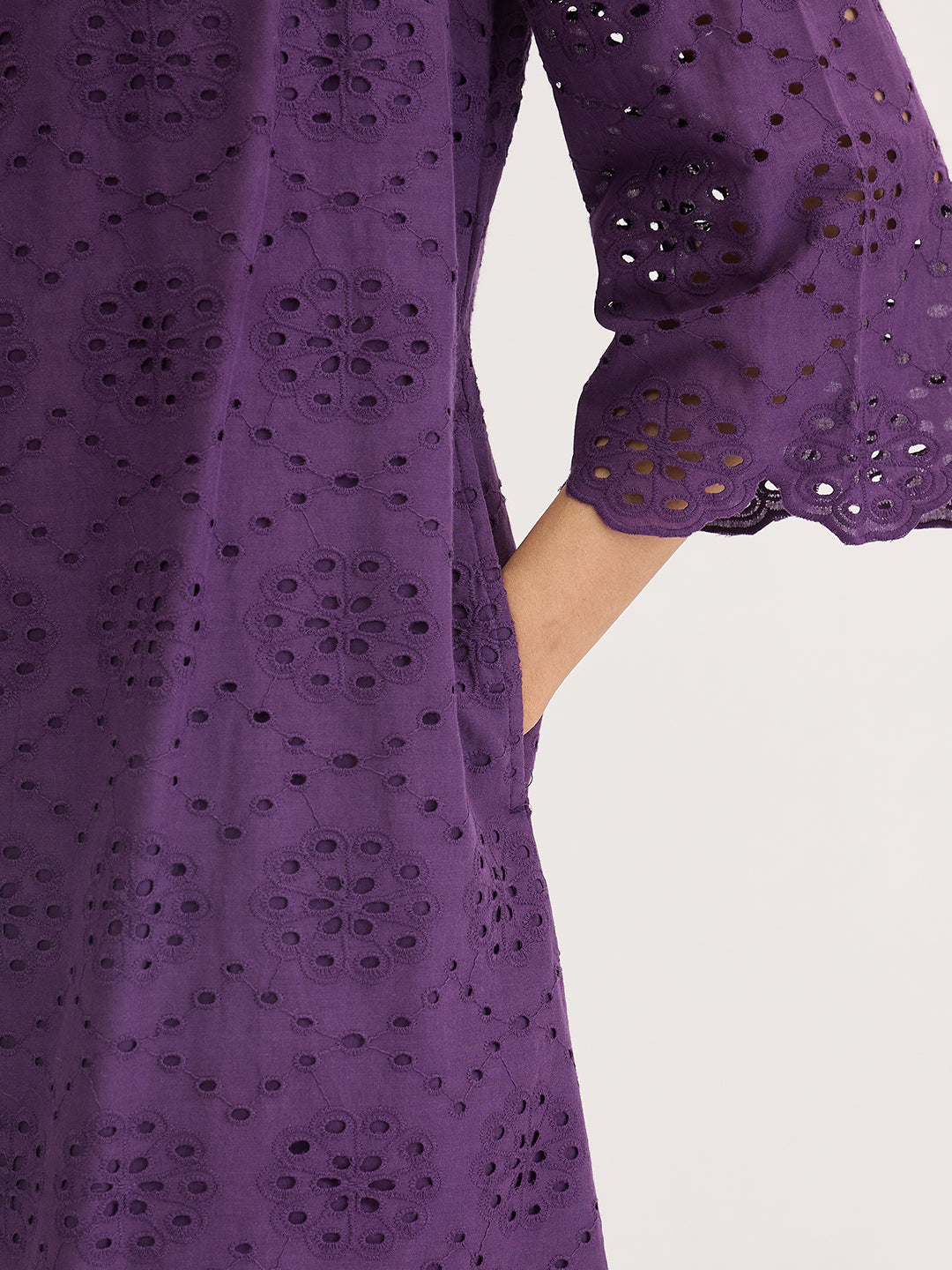 Deep Purple Cotton Schiffli Knee Length Dress