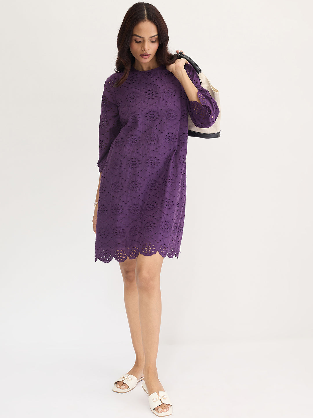 Deep Purple Cotton Schiffli Knee Length Dress