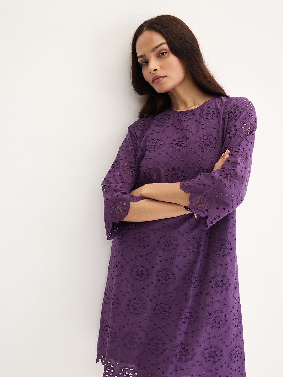 Deep Purple Cotton Schiffli Knee Length Dress