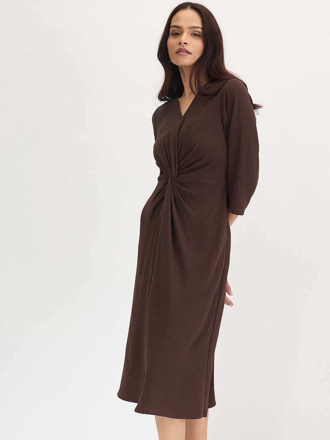 Brown Front Twist Detail Midi Dress