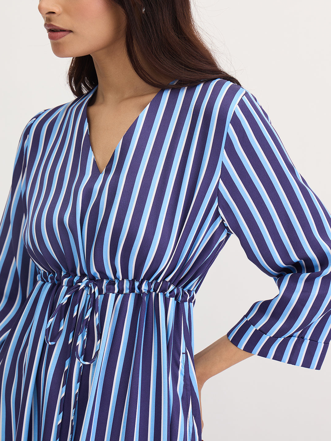 Navy Stripe Wrap Midi Dress