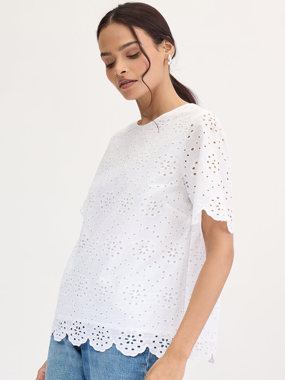 White Cotton Schiffli Top