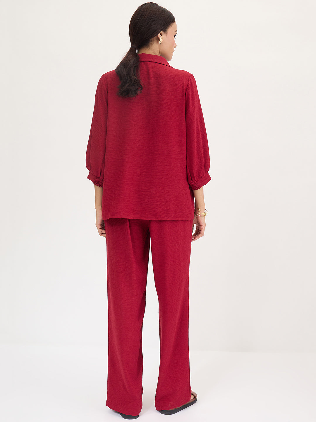 Maroon Collared Pin-Tucks Detail Co-Ord Set