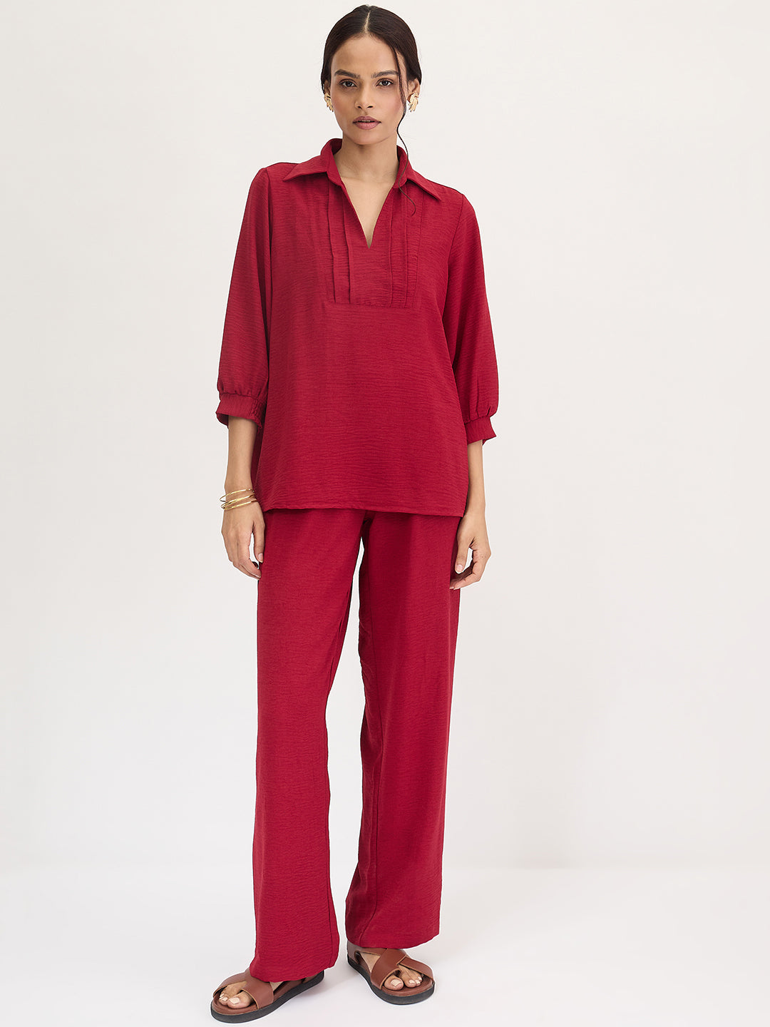 Maroon Collared Pin-Tucks Detail Co-Ord Set