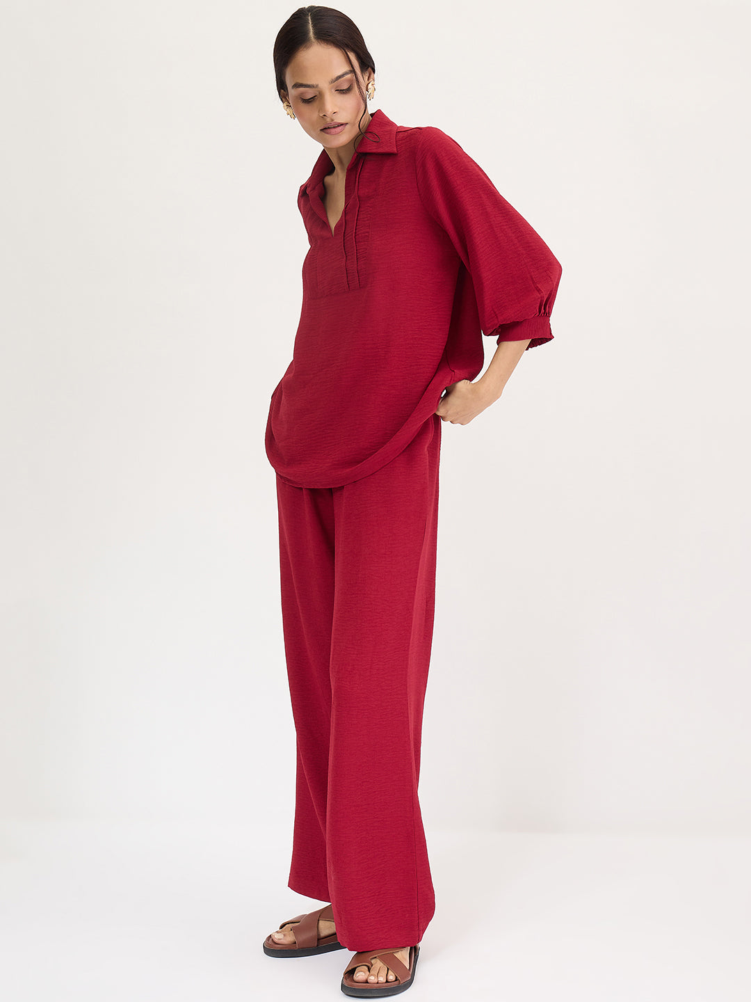 Maroon Collared Pin-Tucks Detail Co-Ord Set