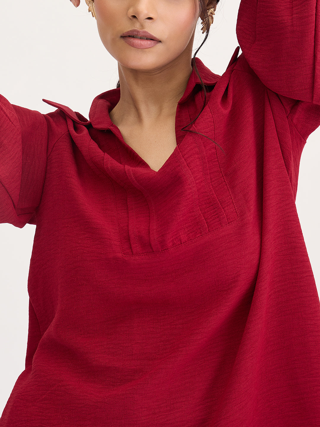 Maroon Collared Pin-Tucks Detail Co-Ord Set