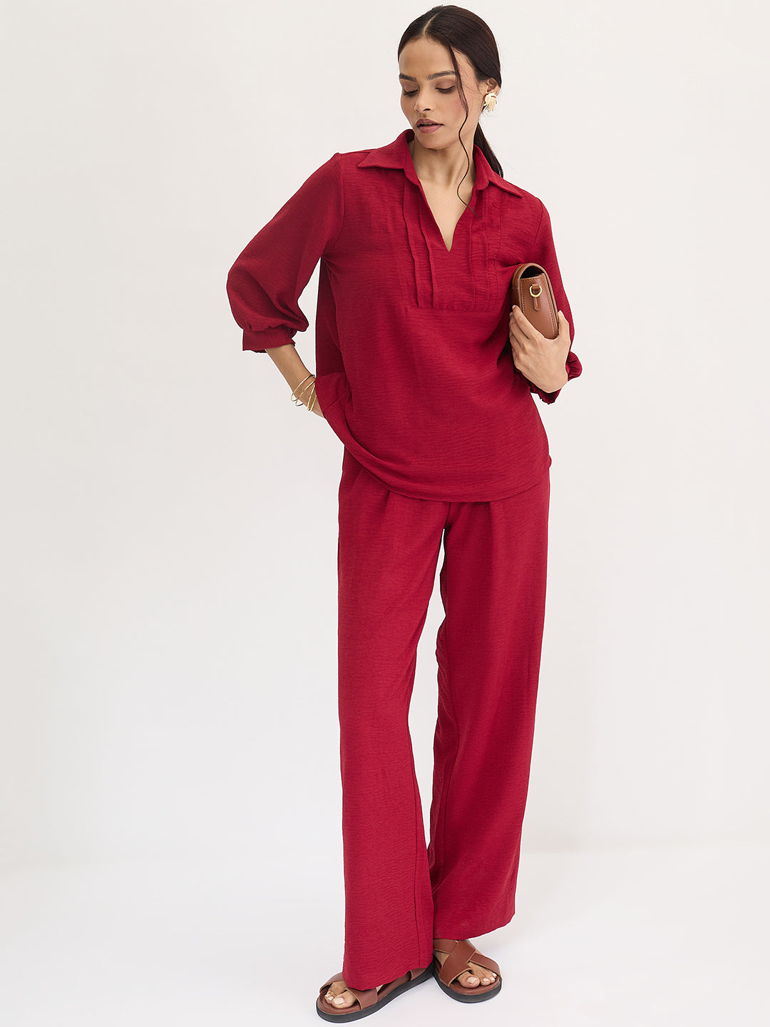 Maroon Collared Pin-Tucks Detail Co-Ord Set