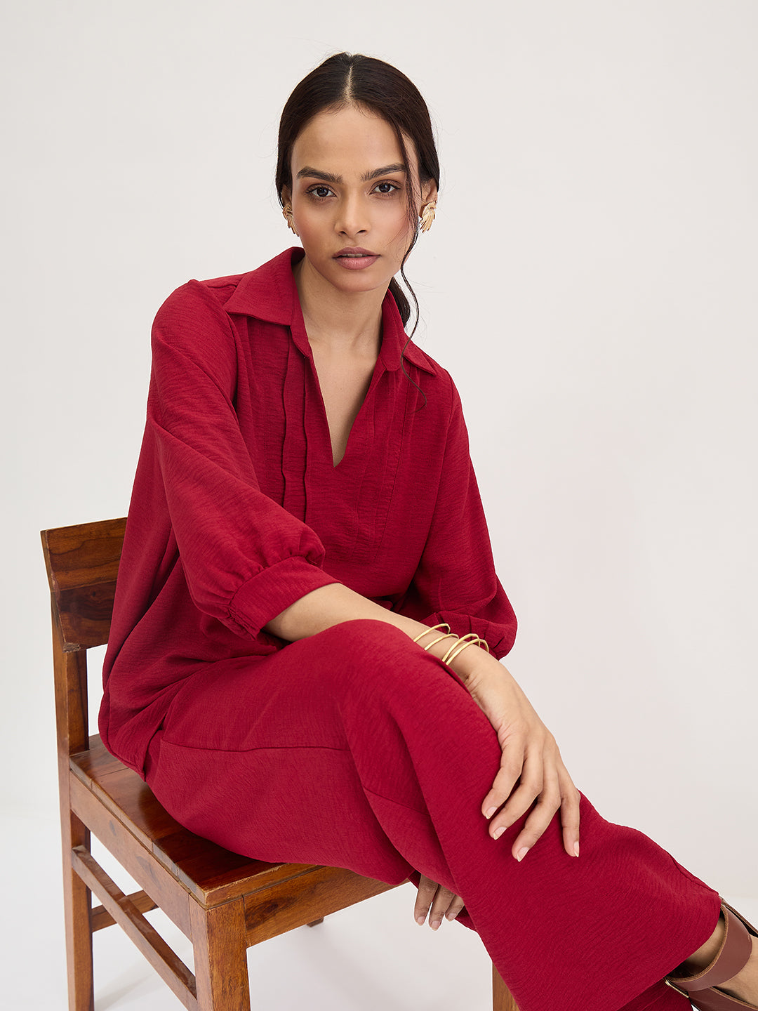 Maroon Collared Pin-Tucks Detail Co-Ord Set