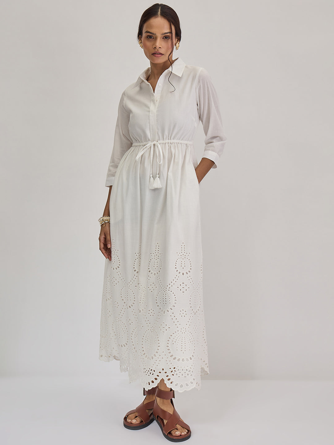 White Schiffli Shirt Maxi Dress