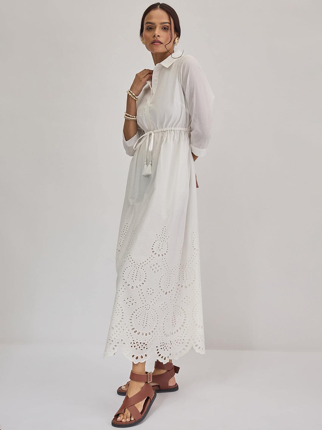 White Schiffli Shirt Maxi Dress