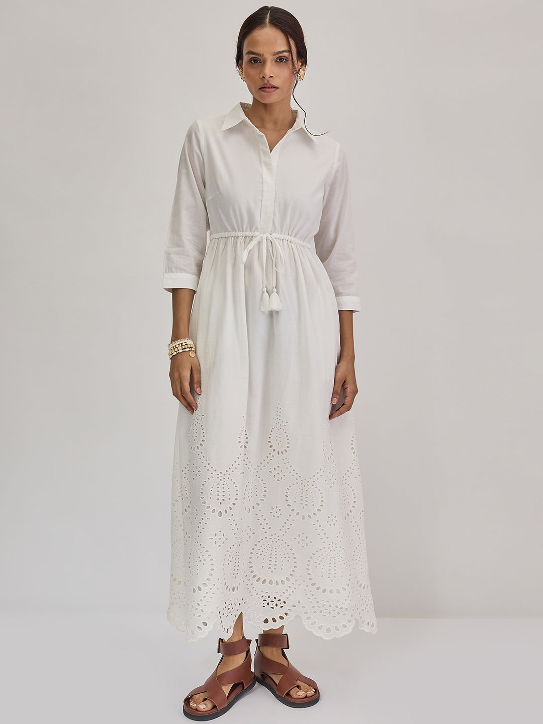 White Schiffli Shirt Maxi Dress